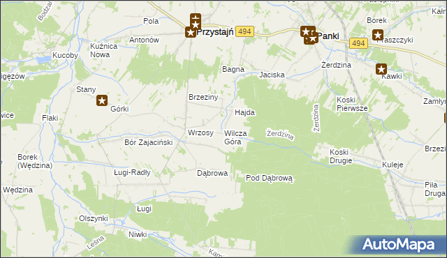 mapa Wilcza Góra gmina Przystajń, Wilcza Góra gmina Przystajń na mapie Targeo