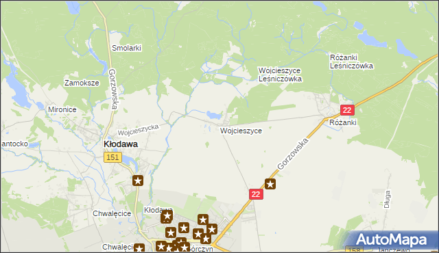 mapa Wojcieszyce gmina Kłodawa, Wojcieszyce gmina Kłodawa na mapie Targeo