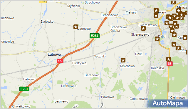 mapa Woźniki gmina Łubowo, Woźniki gmina Łubowo na mapie Targeo