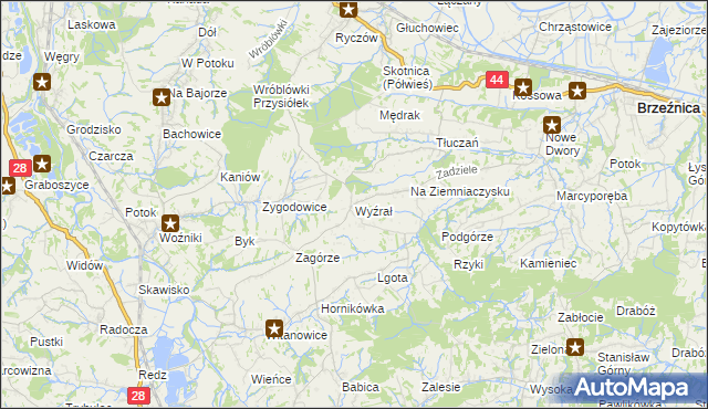 mapa Wyźrał gmina Brzeźnica, Wyźrał gmina Brzeźnica na mapie Targeo