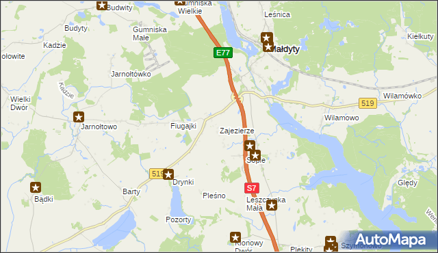 mapa Zajezierze gmina Małdyty, Zajezierze gmina Małdyty na mapie Targeo