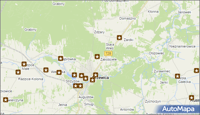 mapa Zakościele gmina Drzewica, Zakościele gmina Drzewica na mapie Targeo