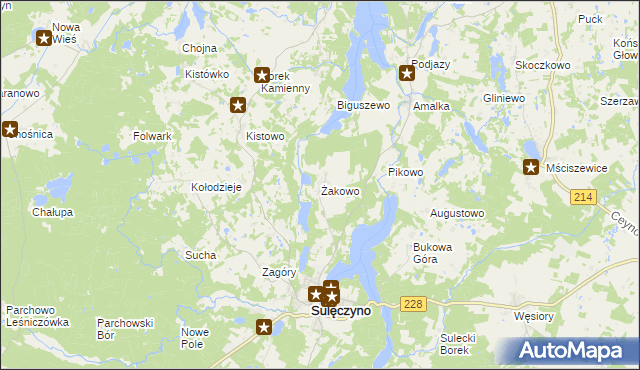 mapa Żakowo gmina Sulęczyno, Żakowo gmina Sulęczyno na mapie Targeo