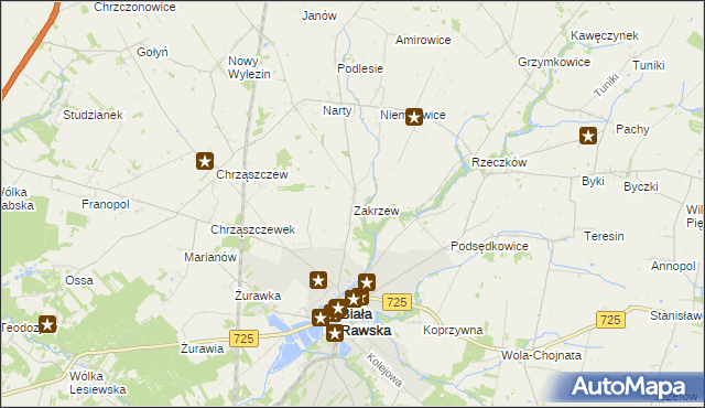 mapa Zakrzew gmina Biała Rawska, Zakrzew gmina Biała Rawska na mapie Targeo