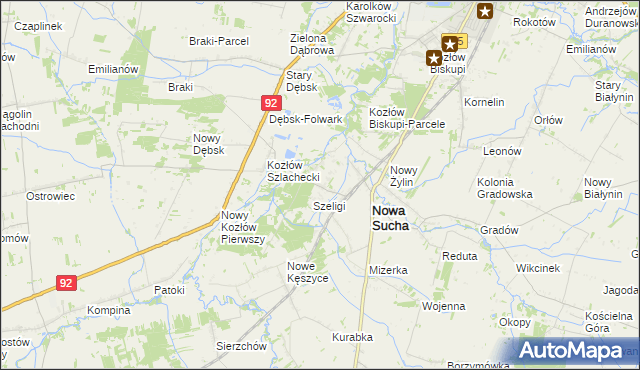 mapa Zakrzew gmina Nowa Sucha, Zakrzew gmina Nowa Sucha na mapie Targeo