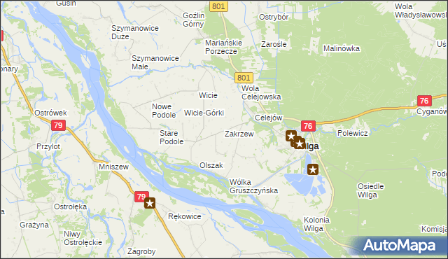 mapa Zakrzew gmina Wilga, Zakrzew gmina Wilga na mapie Targeo