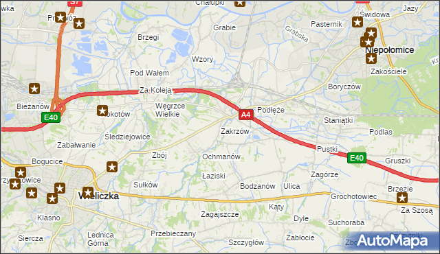 mapa Zakrzów gmina Niepołomice, Zakrzów gmina Niepołomice na mapie Targeo