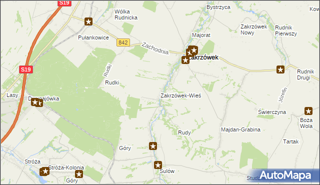 mapa Zakrzówek-Wieś gmina Zakrzówek, Zakrzówek-Wieś gmina Zakrzówek na mapie Targeo