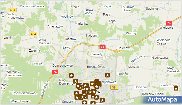 mapa Zawady gmina Bełchatów, Zawady gmina Bełchatów na mapie Targeo