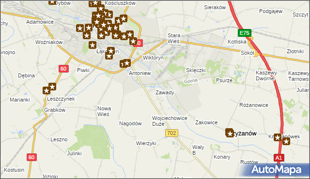 mapa Zawady gmina Krzyżanów, Zawady gmina Krzyżanów na mapie Targeo