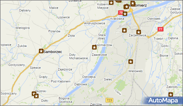 mapa Zawierzbie gmina Samborzec, Zawierzbie gmina Samborzec na mapie Targeo