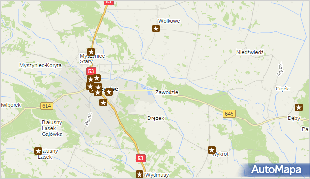 mapa Zawodzie gmina Myszyniec, Zawodzie gmina Myszyniec na mapie Targeo