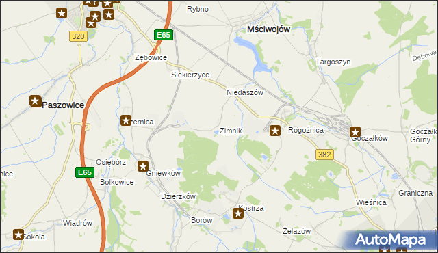 mapa Zimnik gmina Mściwojów, Zimnik gmina Mściwojów na mapie Targeo