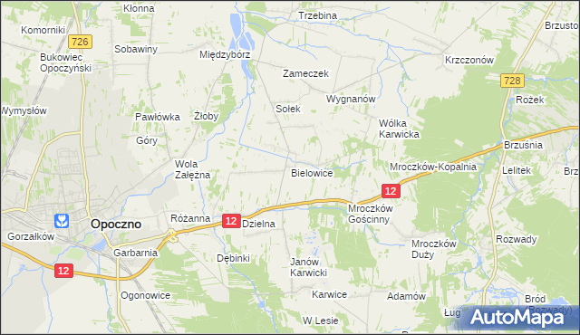 mapa Bielowice gmina Opoczno, Bielowice gmina Opoczno na mapie Targeo