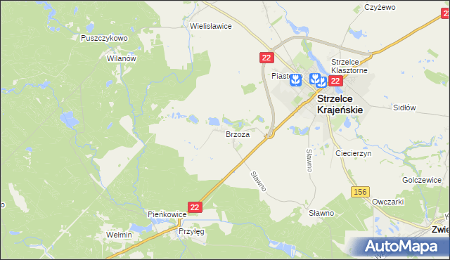 mapa Brzoza gmina Strzelce Krajeńskie, Brzoza gmina Strzelce Krajeńskie na mapie Targeo