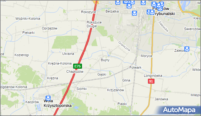 mapa Bujny gmina Wola Krzysztoporska, Bujny gmina Wola Krzysztoporska na mapie Targeo