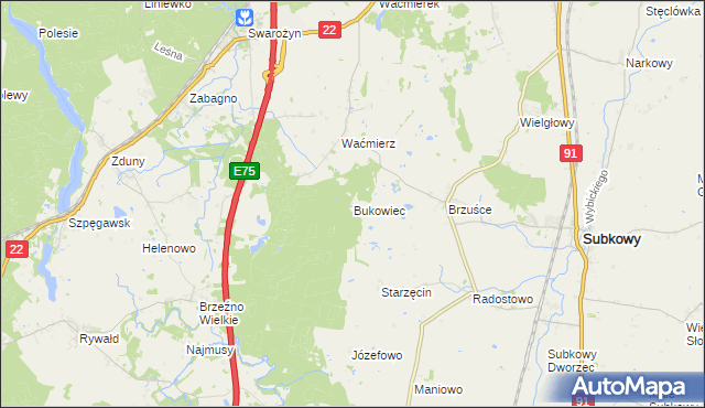 mapa Bukowiec gmina Subkowy, Bukowiec gmina Subkowy na mapie Targeo