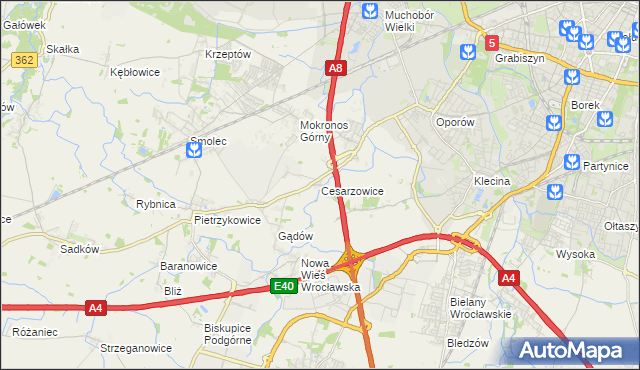 mapa Cesarzowice gmina Kąty Wrocławskie, Cesarzowice gmina Kąty Wrocławskie na mapie Targeo