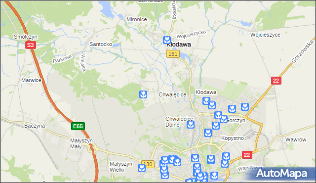 mapa Chwalęcice gmina Kłodawa, Chwalęcice gmina Kłodawa na mapie Targeo