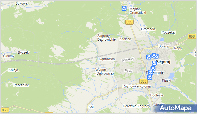 mapa Dąbrowica gmina Biłgoraj, Dąbrowica gmina Biłgoraj na mapie Targeo