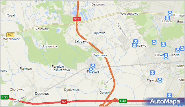 mapa Dąbrówka gmina Dopiewo, Dąbrówka gmina Dopiewo na mapie Targeo