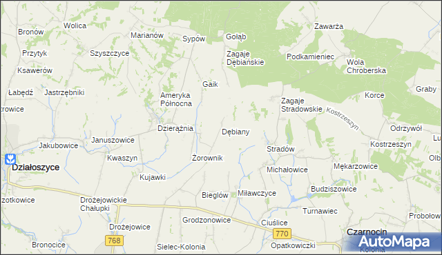 mapa Dębiany gmina Działoszyce, Dębiany gmina Działoszyce na mapie Targeo