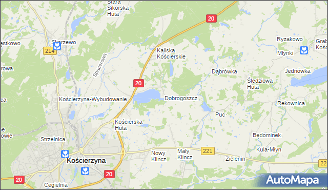 mapa Dobrogoszcz gmina Kościerzyna, Dobrogoszcz gmina Kościerzyna na mapie Targeo