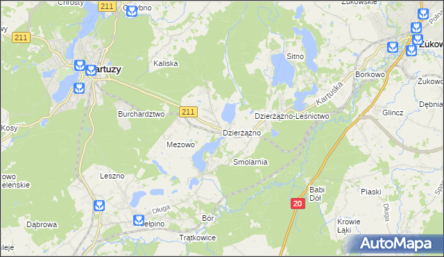 mapa Dzierżążno gmina Kartuzy, Dzierżążno gmina Kartuzy na mapie Targeo