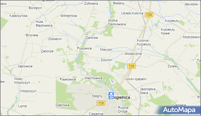 mapa Dziunin gmina Mogielnica, Dziunin gmina Mogielnica na mapie Targeo