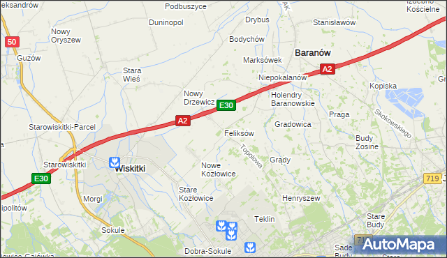 mapa Feliksów gmina Wiskitki, Feliksów gmina Wiskitki na mapie Targeo