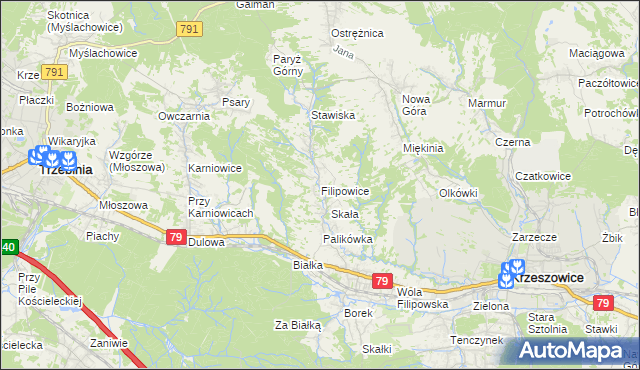 mapa Filipowice gmina Krzeszowice, Filipowice gmina Krzeszowice na mapie Targeo