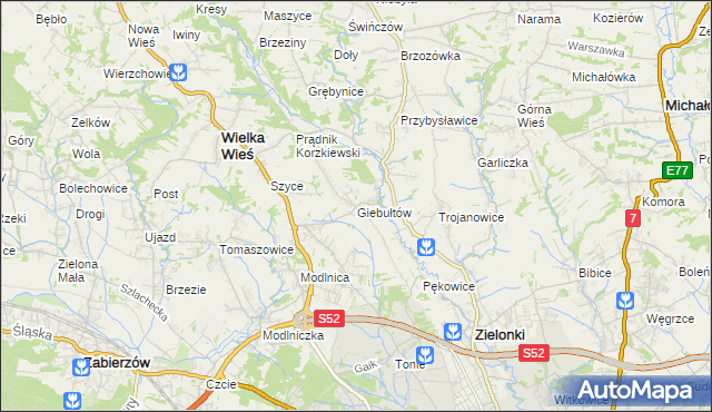 mapa Giebułtów gmina Wielka Wieś, Giebułtów gmina Wielka Wieś na mapie Targeo