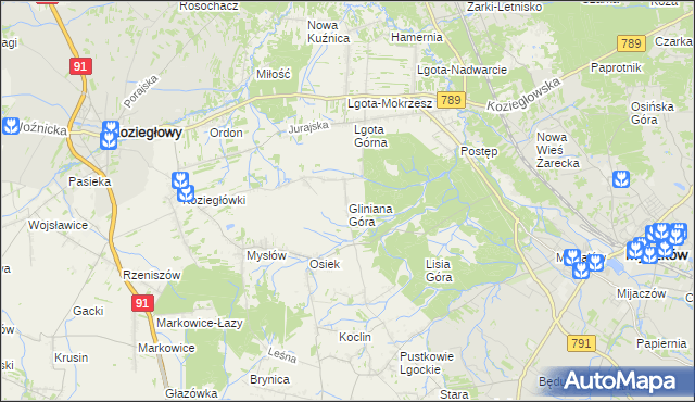 mapa Gliniana Góra gmina Koziegłowy, Gliniana Góra gmina Koziegłowy na mapie Targeo