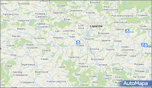 mapa Grabie gmina Łapanów, Grabie gmina Łapanów na mapie Targeo