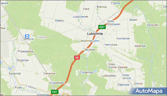 mapa Jakubów gmina Lubochnia, Jakubów gmina Lubochnia na mapie Targeo