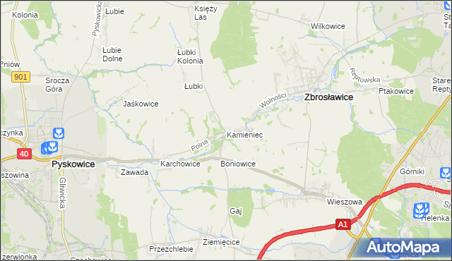 mapa Kamieniec gmina Zbrosławice, Kamieniec gmina Zbrosławice na mapie Targeo