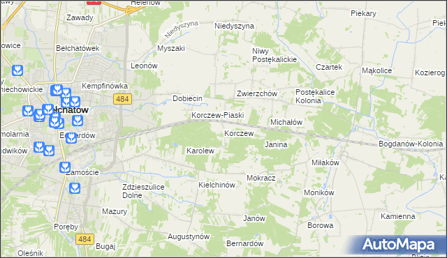 mapa Korczew gmina Bełchatów, Korczew gmina Bełchatów na mapie Targeo