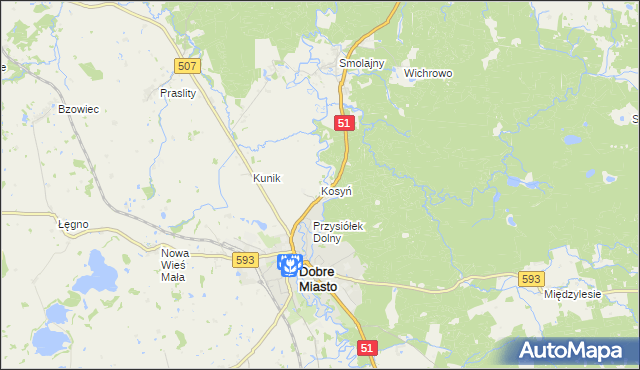 mapa Kosyń gmina Dobre Miasto, Kosyń gmina Dobre Miasto na mapie Targeo