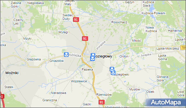 mapa Koziegłowy powiat myszkowski, Koziegłowy powiat myszkowski na mapie Targeo