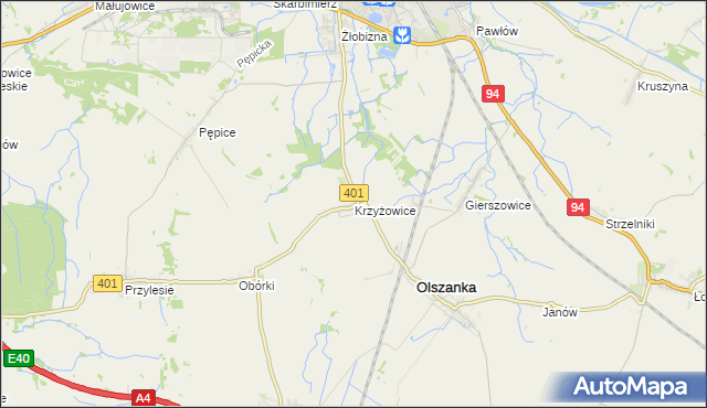 mapa Krzyżowice gmina Olszanka, Krzyżowice gmina Olszanka na mapie Targeo