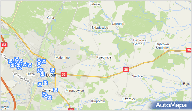 mapa Księginice gmina Lubin, Księginice gmina Lubin na mapie Targeo