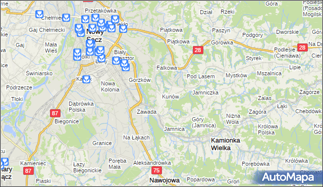 mapa Kunów gmina Chełmiec, Kunów gmina Chełmiec na mapie Targeo