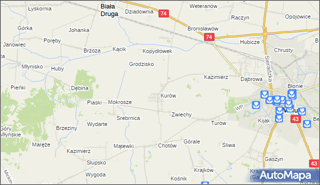 mapa Kurów gmina Wieluń, Kurów gmina Wieluń na mapie Targeo