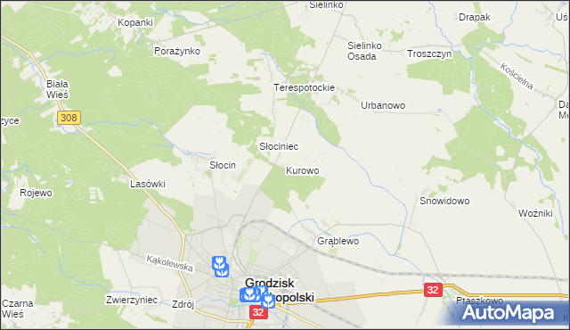 mapa Kurowo gmina Grodzisk Wielkopolski, Kurowo gmina Grodzisk Wielkopolski na mapie Targeo