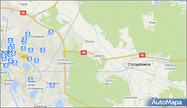 mapa Lędziny gmina Chrząstowice, Lędziny gmina Chrząstowice na mapie Targeo