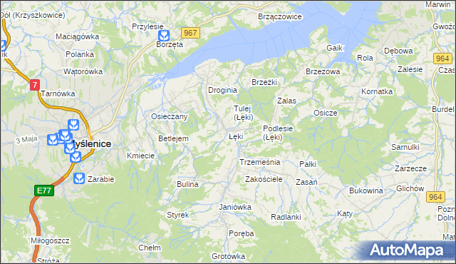 mapa Łęki gmina Myślenice, Łęki gmina Myślenice na mapie Targeo