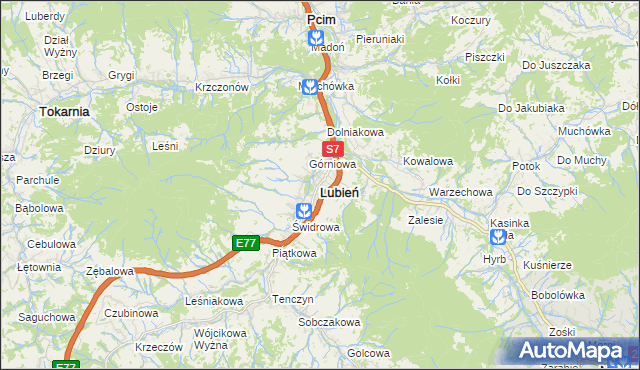 mapa Lubień powiat myślenicki, Lubień powiat myślenicki na mapie Targeo