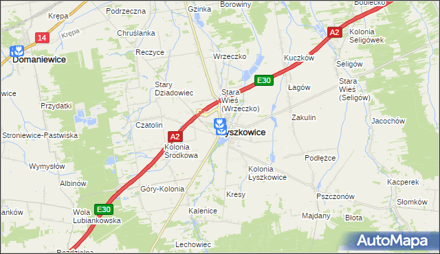 mapa Łyszkowice powiat łowicki, Łyszkowice powiat łowicki na mapie Targeo