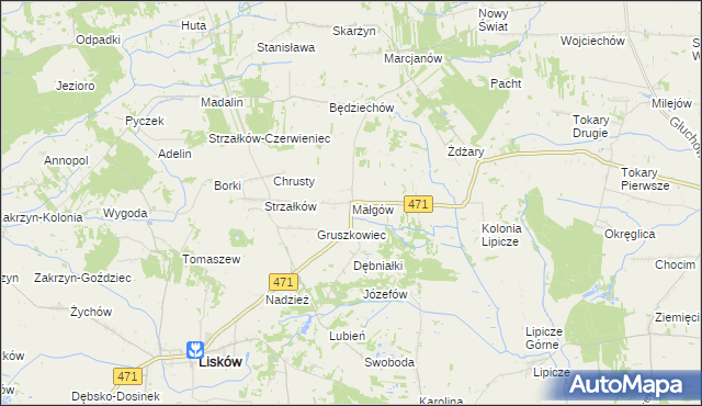 mapa Małgów gmina Lisków, Małgów gmina Lisków na mapie Targeo