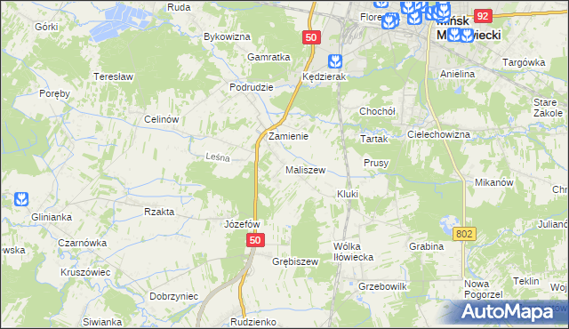 mapa Maliszew gmina Mińsk Mazowiecki, Maliszew gmina Mińsk Mazowiecki na mapie Targeo